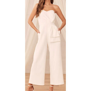 LULU'S XS Won a Heart White Strapless Wide Leg Crop Jumpsuit NEW 0B1